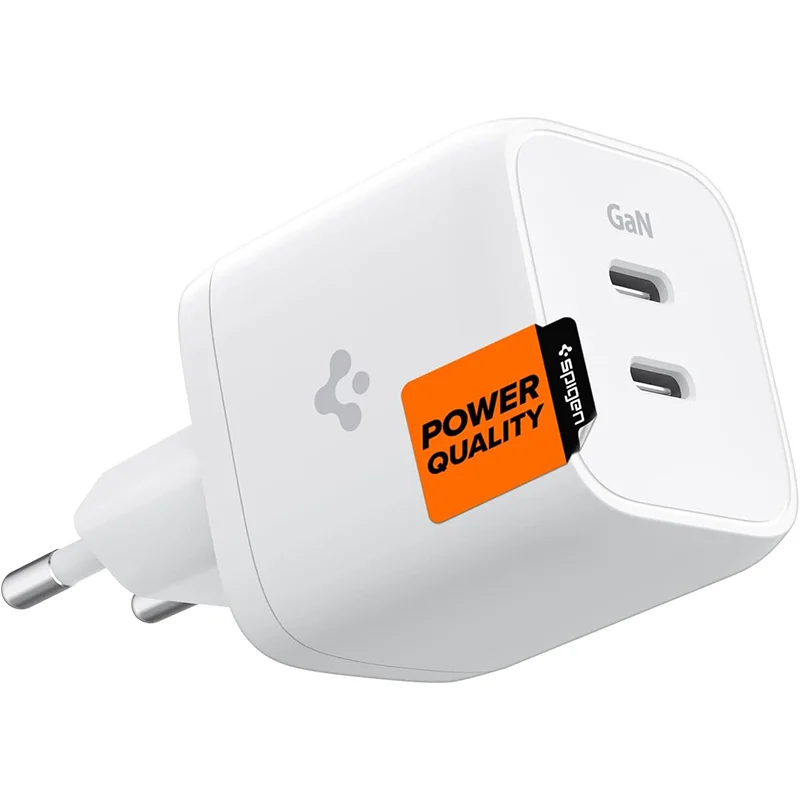 Spigen 45W USB-C 2 Port Mini Adaptör Samsung PPS 2.0 Şarj Isı Düşürücü GaN Hızlı Şarj Aleti iPhone &amp; Android &amp; iPad &amp; MacBook Type-C PE2105 White