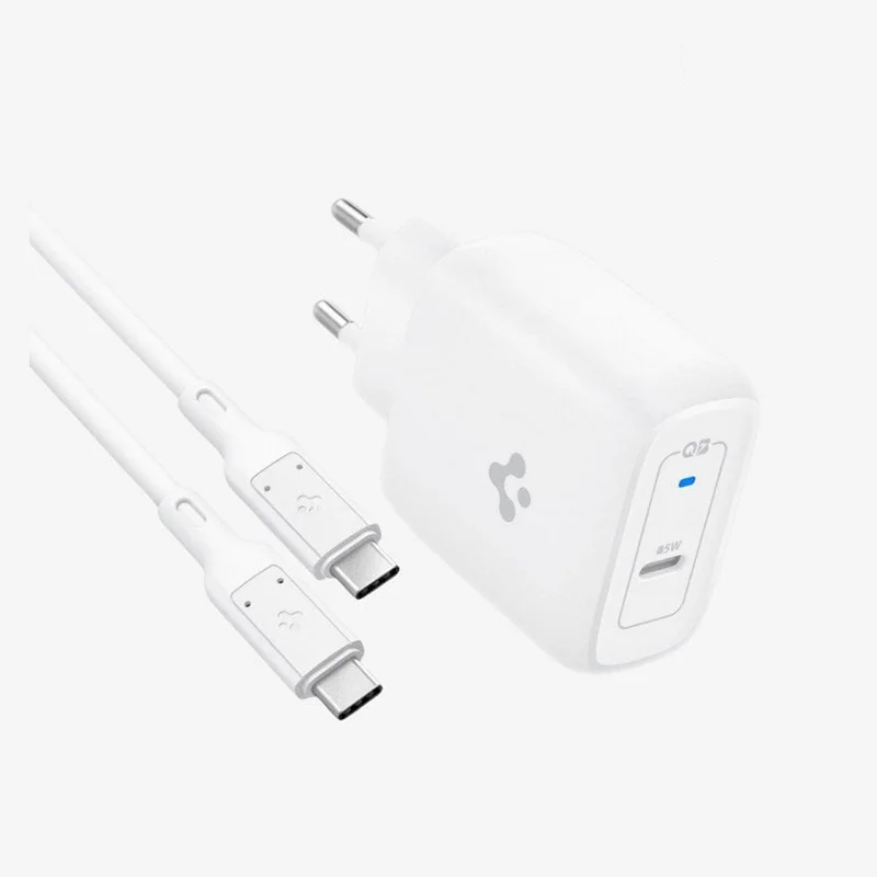 Spigen 45W USB-C Hızlı Şarj Aleti + Örgü Şarj Kablo Samsung PPS 2.0 / Isı Düşürücü GaN Akım Korumalı PD 3.0 Protokol Güç Adaptörü Super Hızlı Şarj iPhone &amp; Android &amp; iPad &amp; MacBook Type-C