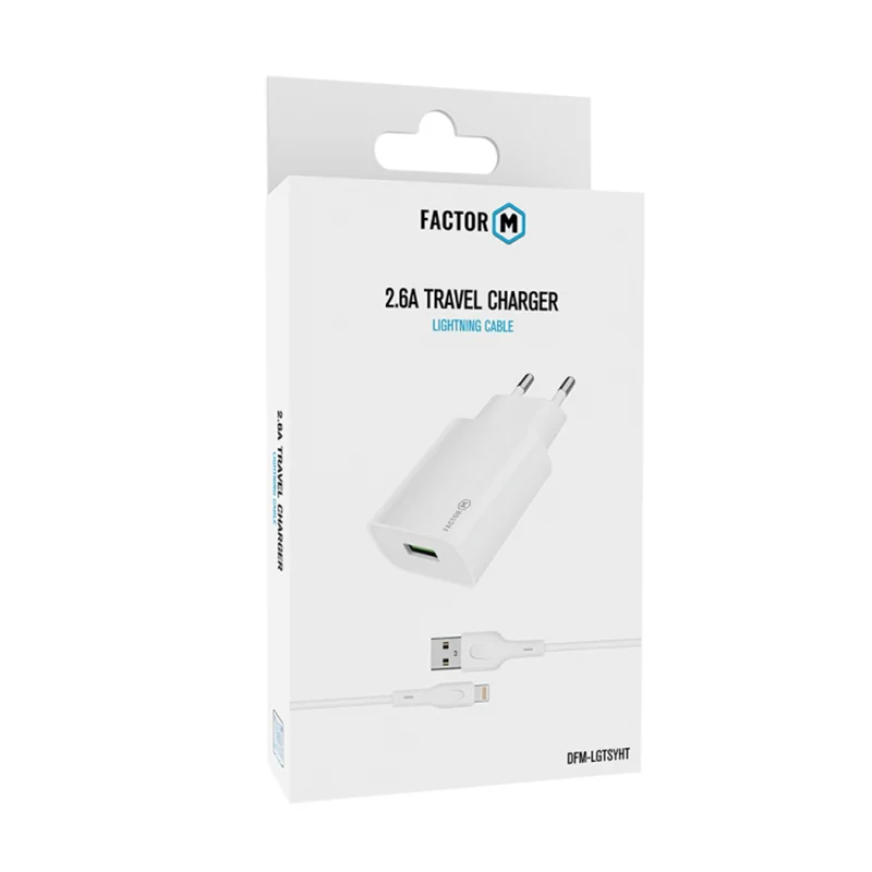 Factor-M Usb to Lightning 2.4A Ev/Seyahat Şarj Seti - Beyaz