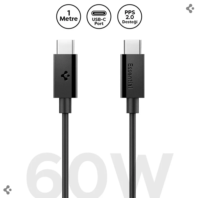 Spigen USB-C to USB-C 1 Metre Kablo 60W Güç / PPS 2.0 Super Hızlı Şarj / 480 Mbps Data Aktarım Hızı Type-C Ekstra Dayanıklı Black ACA08718