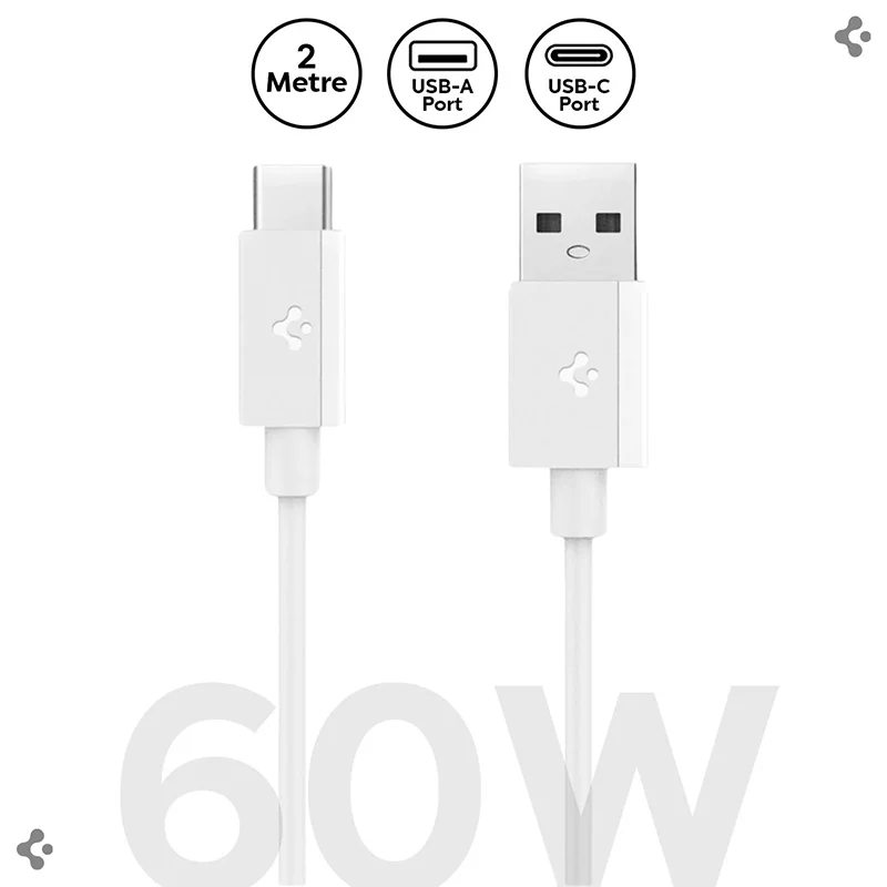 Spigen USB-A to USB-C 2 Metre Kablo 60W Güç / Hızlı Şarj / 480 Mbps Data Aktarım Hızı Type-C Ekstra Dayanıklı White
