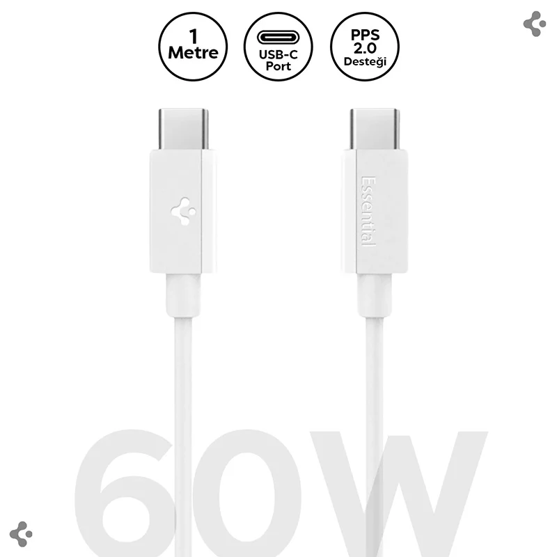 Spigen USB-C to USB-C 1 Metre Kablo 60W Güç / PPS 2.0 Super Hızlı Şarj / 480 Mbps Data Aktarım Hızı Type-C Ekstra Dayanıklı White