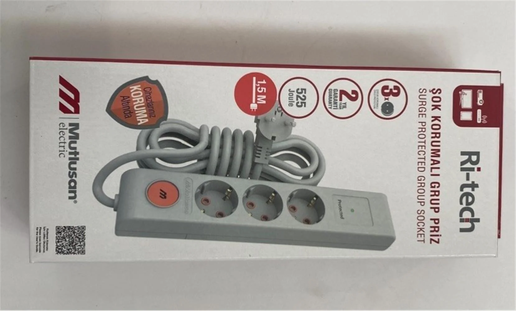 Mutlusan Ri-Tech 3 lü Şok Korumalı Grup Priz 1.5m (001 175 370002 15 00)