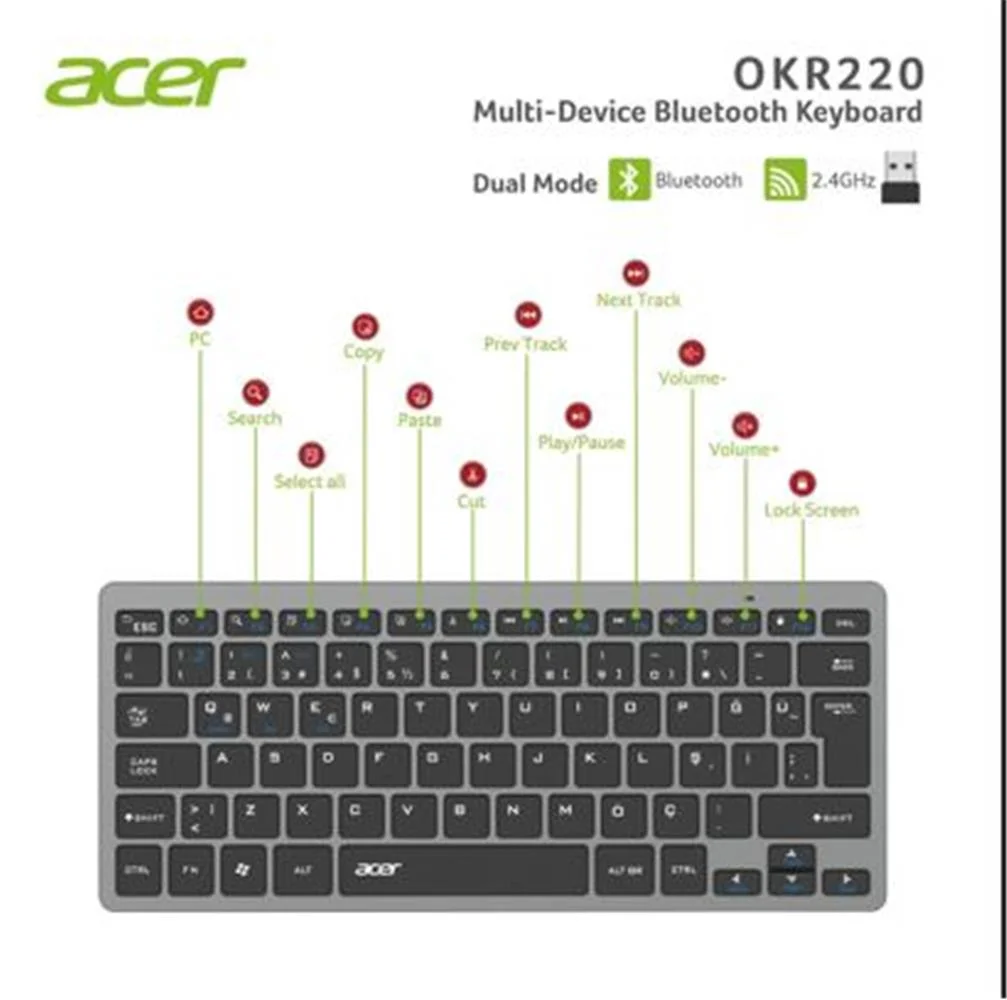 Acer OKR220 Siyah MultiDevice Dual Mode 2.4GHZ Bluetooth Klavye (Smart Tv)(Android)