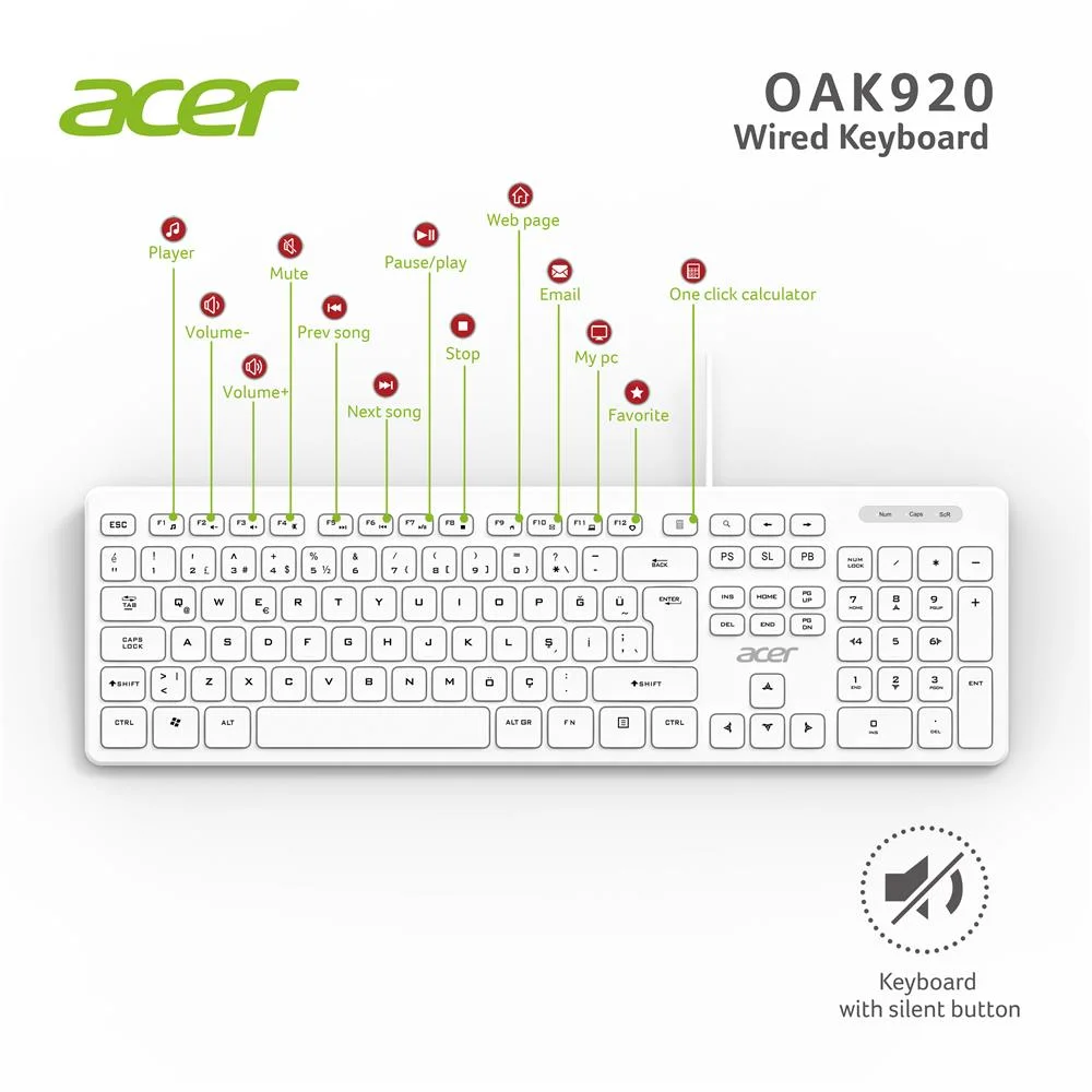 Acer OAK920 Q Usb Beyaz 1.8mt Kablolu Klavye-Tek Tuş Hesap Makinalı (Sessiz Tuş)