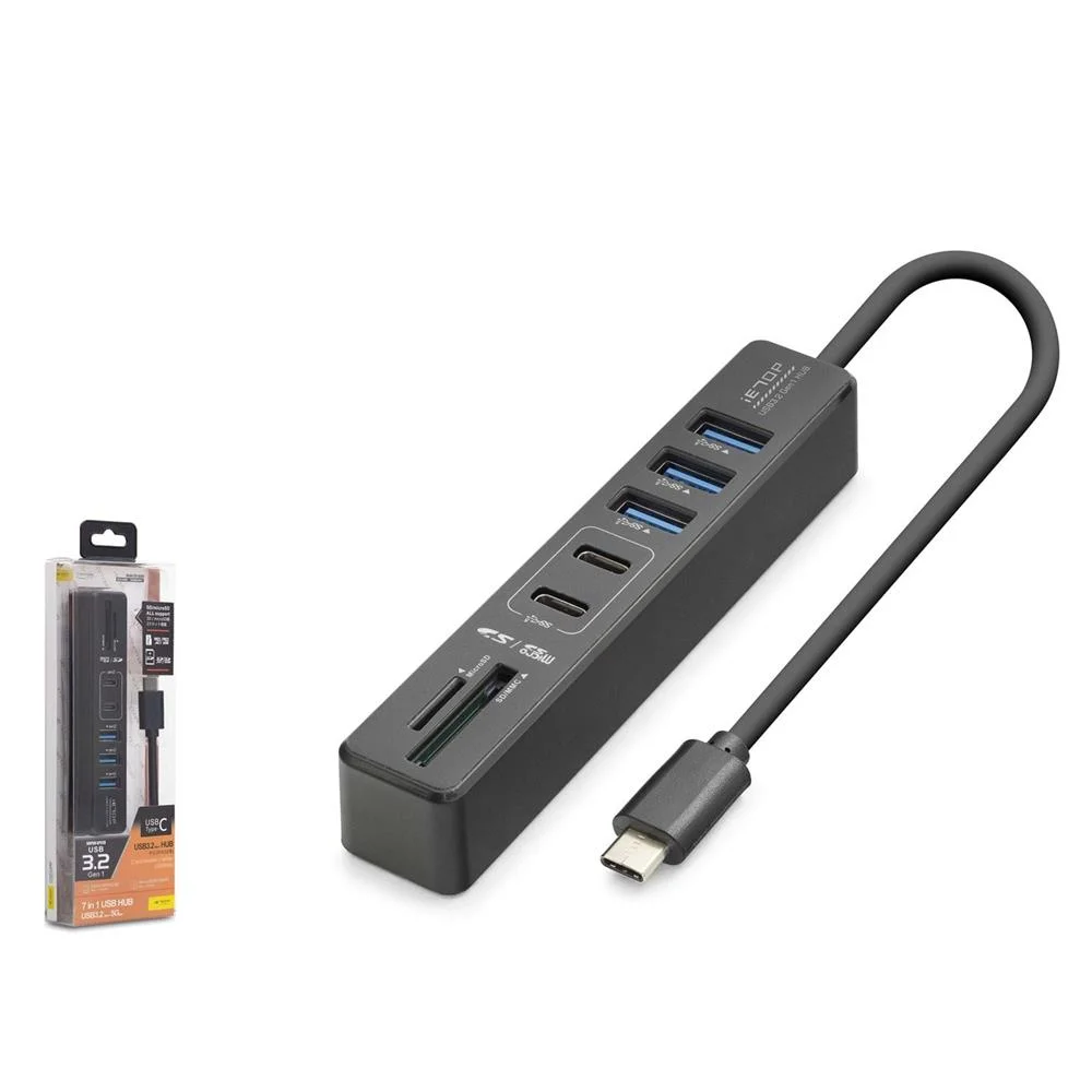Hadron HDX7061 İetop Type-C Hub 5Gbps 2x Usb-C 3.2+3x Usb-A 3.2+SD+microSD 7 Port Kart Okuyucu Siyah