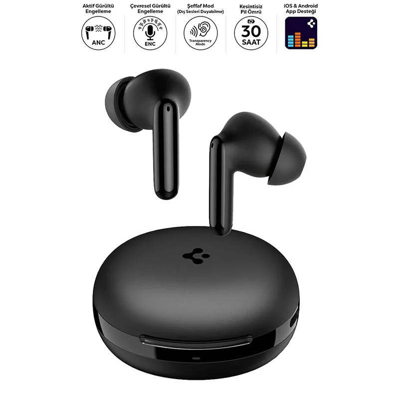 Spigen Audio TWS S10 Bluetooth Kablosuz Kulaklık - ANC Aktif Gürültü Engelleme + ENC 6 Mikrofon - 10mm Sürücü - 30 Saat Pil - iOS &amp; Android EQ App Şeffaf &amp; Gaming Mod iPX4 Black