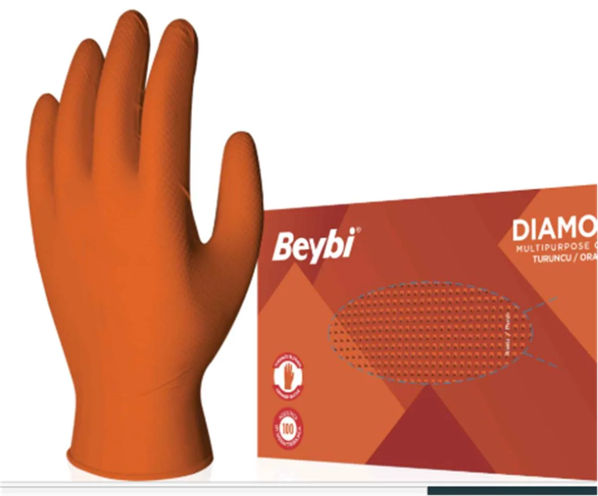 Beybi Diamond Pudrasız M Beden Kalın Turuncu Nitril Eldiven Medıum 100 Adet