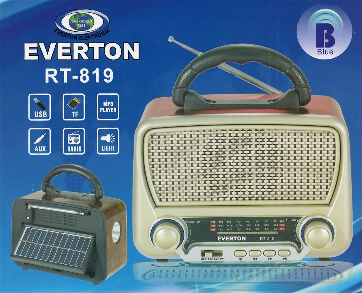 Everton Rt-819 (Solar Güneş Panelli) Bluetooth Fm-Usb-Tf Card-AUX Şarjlı Nostaljik Radyo El Feneri