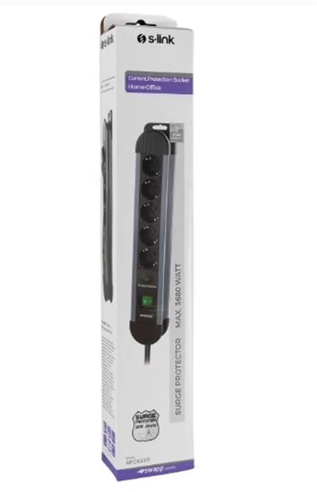 S-link SPGKS05 1.5m 3G1.5mm2 900 Joule 5Li Akım Kor. Gri Priz Çoklayıcı