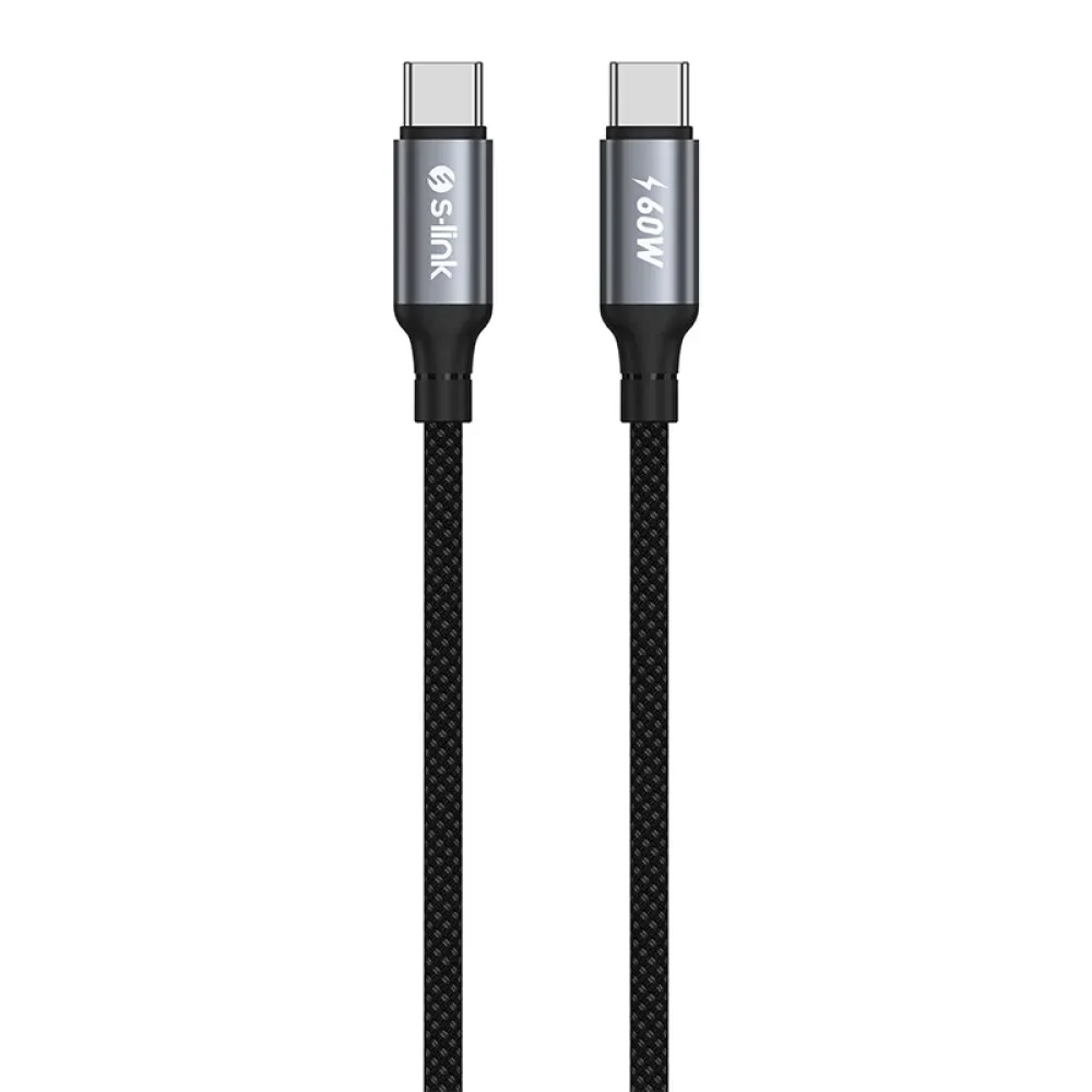 S-link Armor CC-01 60W 1.2m Type-C to Type-C PD Örgülü Metal Başlıklı Siyah Hızlı Şarj Kablosu