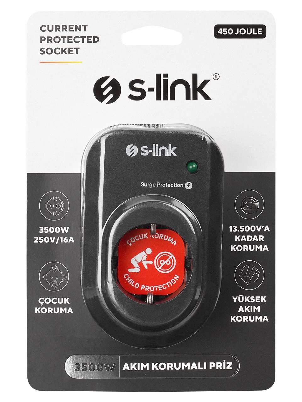 S-link SL-08 16A 3500W 1800 Joule Isıya Duyarlı Devre ve Akım Korumalı Tekli Priz