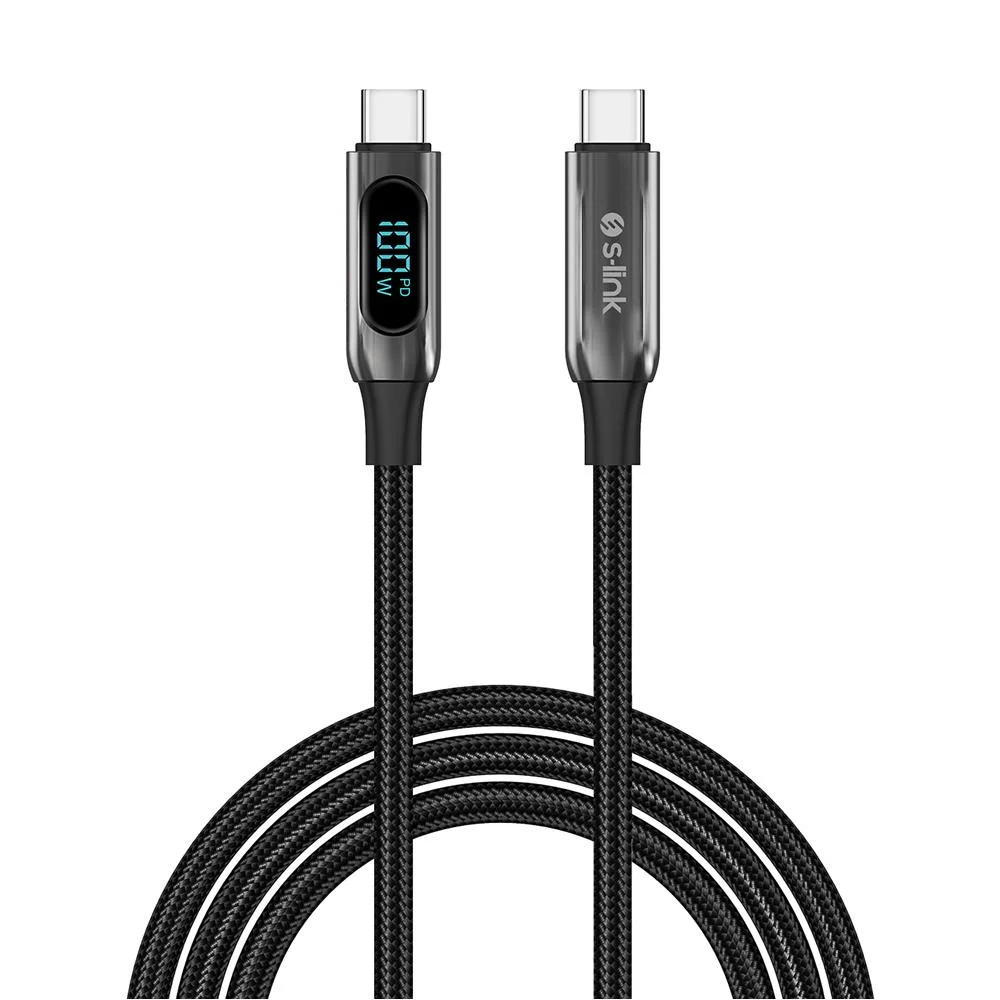 S-link Armor LED LCC-0100 100W 1m Type-C to Type-C PD Örgülü LED Başlıklı Siyah Hızlı Şarj Kablosu