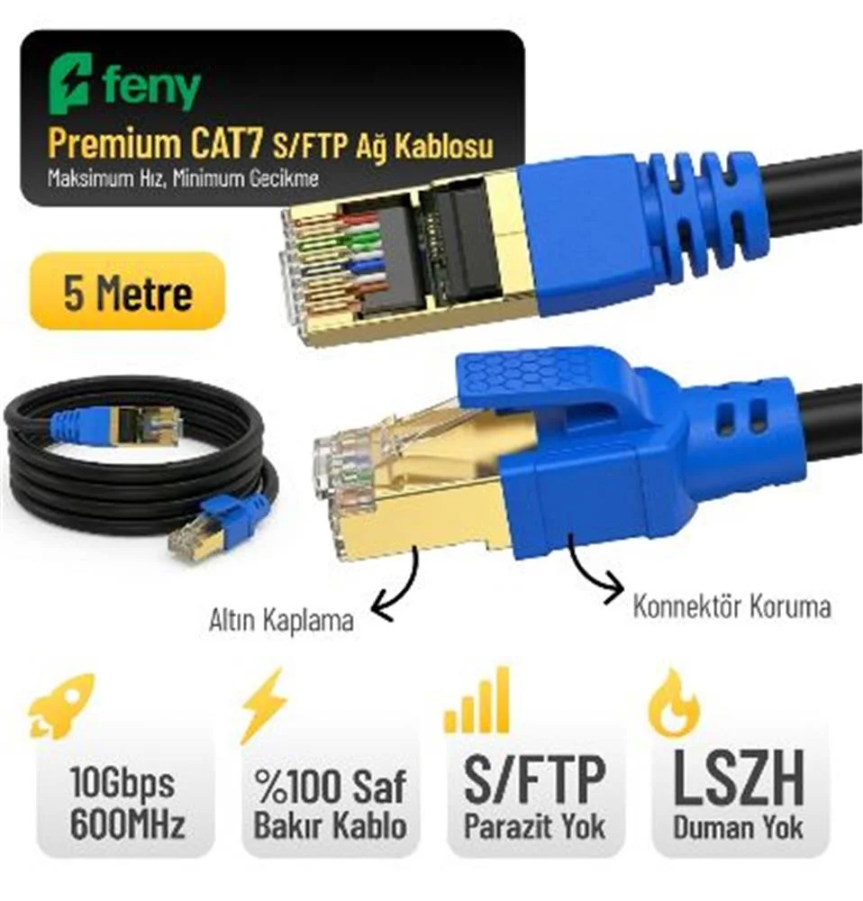 Feny FN-CAT7LS05 10GBPS İnternet 60MHZ 5 Metre CAT7 Gold Patch Kablo (Yanmaz- yüzde 100 Saf Bakır)