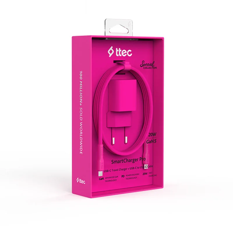 Ttec SmartCharger GAN 20W PD Seyahat Hızlı Şarj Aleti + USB-C - USB-C 3A Kablo Neon Pembe