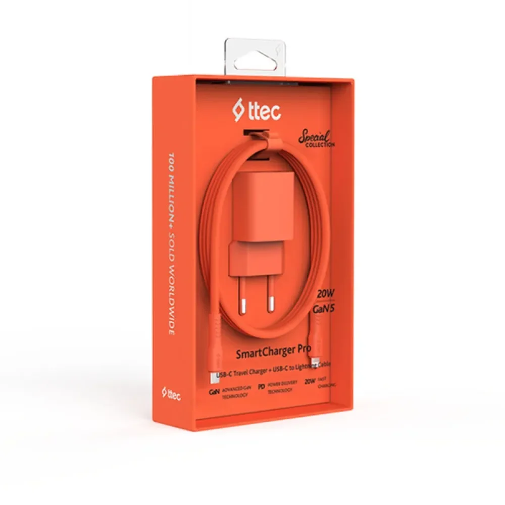 Ttec SmartCharger GAN 20W PD Seyahat Hızlı Şarj Aleti + USB-C - Lightning 120cm Kablo Neon Turuncu
