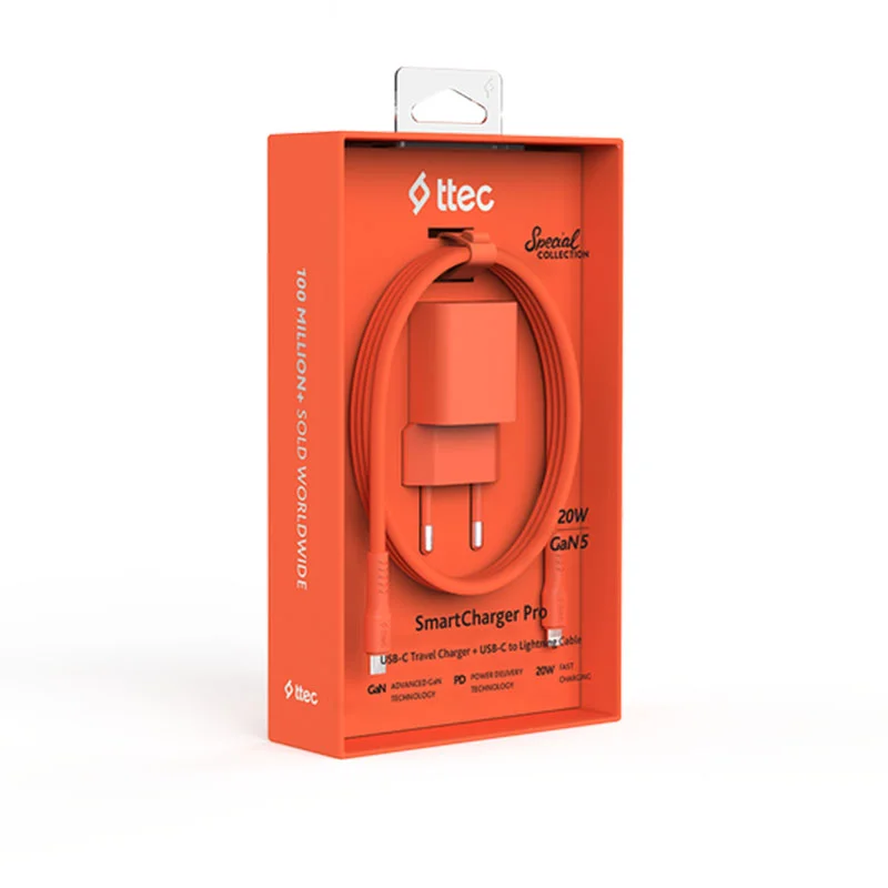 Ttec SmartCharger GAN 20W PD Seyahat Hızlı Şarj Aleti + USB-C - Lightning 120cm Kablo Neon Turuncu