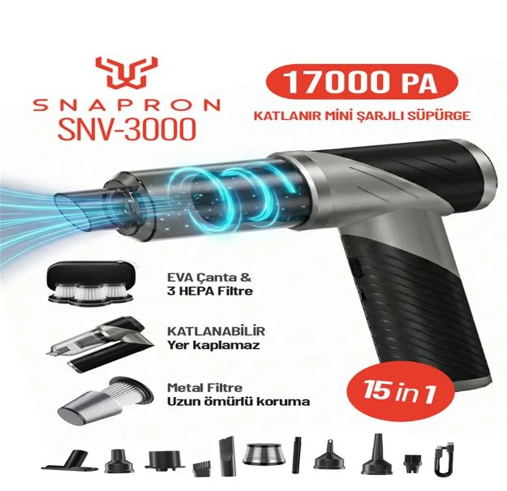 Snapron SNV-3000 17000PA 2in1 Güçlü Vakum Ve Üflemeli Şarjlı Katlanabilir Elektrikli Araç Süpürgesi