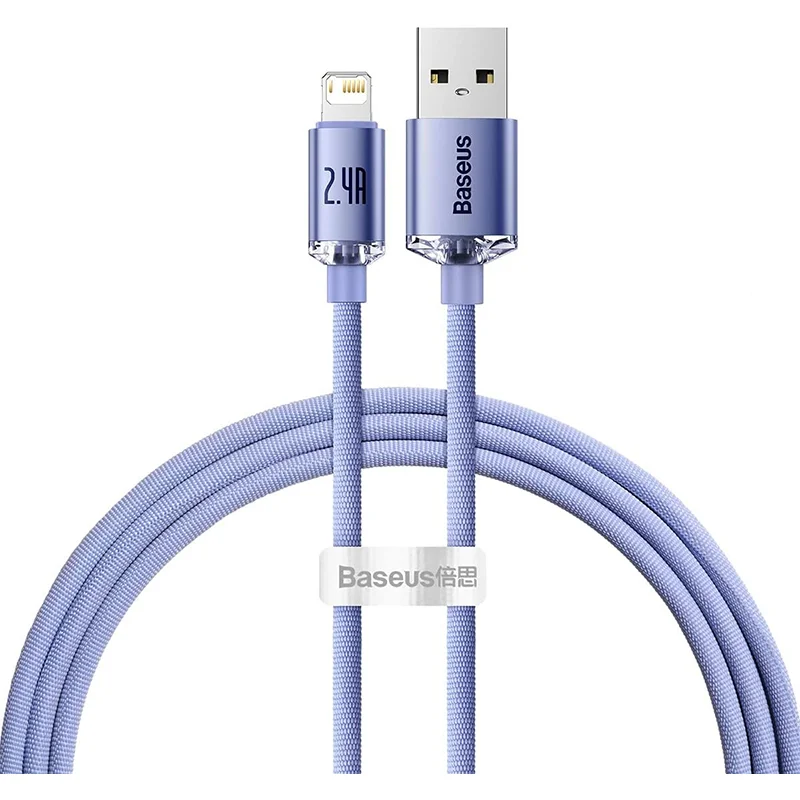 Baseus Crystal Shine, 2.4 A USB-A &amp; Lightning Data ve Şarj Kablosu, 1.2 Metre, Mor, ‎CAJY000005