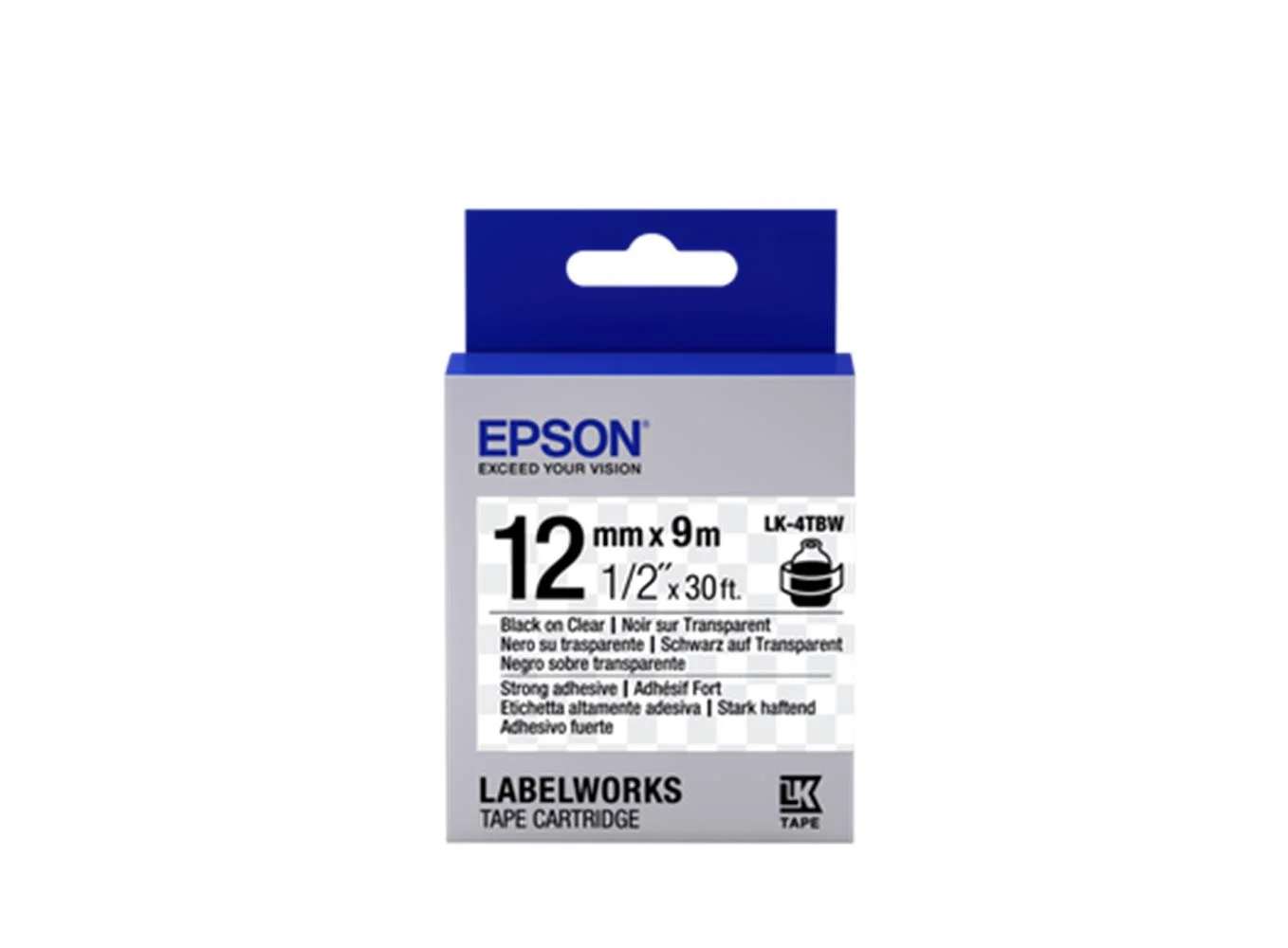 Epson LK-4TBW Güçlü Yapışkanlı Şeffaf Üzeri Siyah 12mm 9Metre Etiket