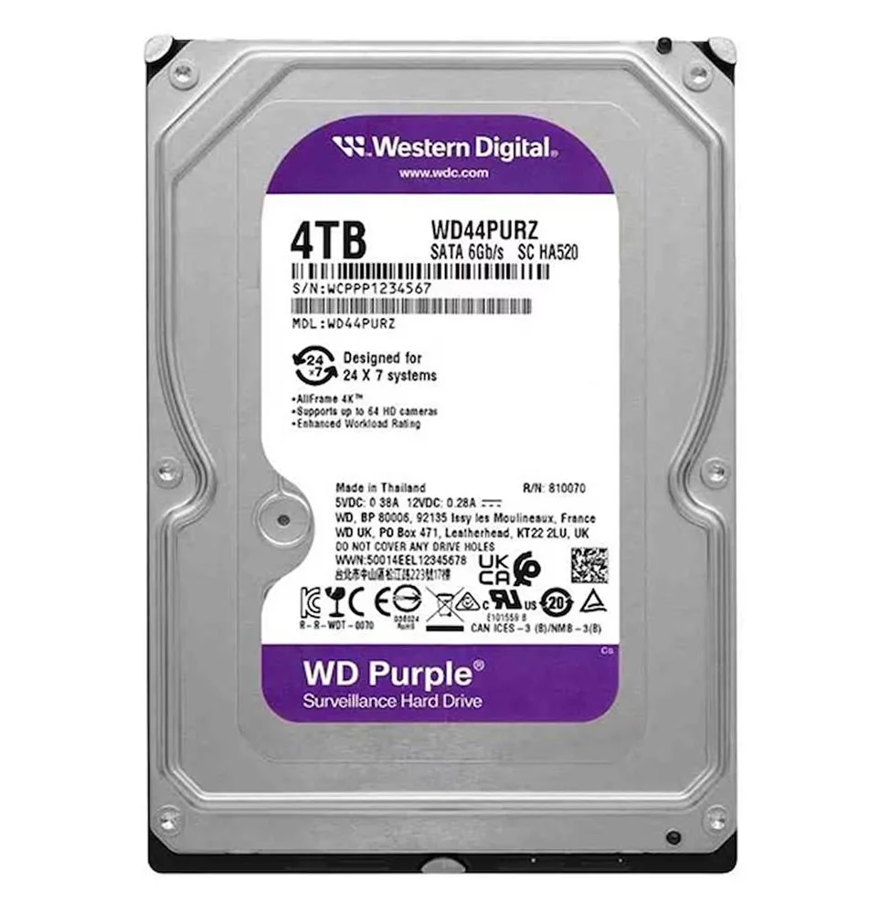 Wd 4Tb 3.5 Purple WD44PURZ Sata3 5400RPM 128MB 7-24 Guvenlık Harddisk (Resmi Distribitör Ürünü)