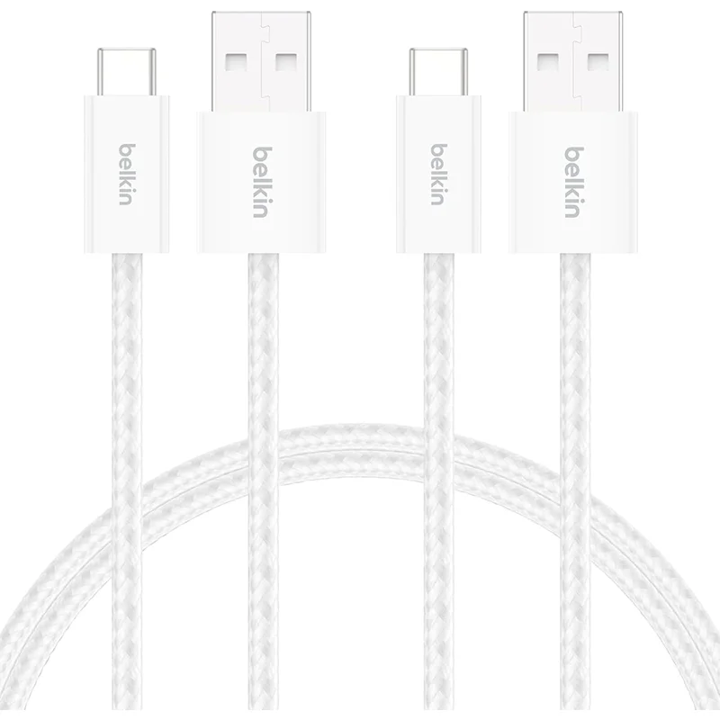 Belkin 2'li Örgülü USB-A - USB-C Kablo, 1,5 m, 15 W, Yumuşak, Esnek ve Hızlı Şarj Kablosu, iPhone 17 ve 16 Serisi, Galaxy S25, Pixel 10, iPad Pro ve Daha Fazlasıyla Uyumlu, Beyaz