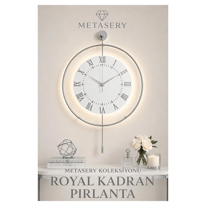 MetaQuartz Aksesuar Gümüş - Royal Kadran Exclusive - Pilli Led - 3 Pil ile Gelir - Metal Duvar Saati