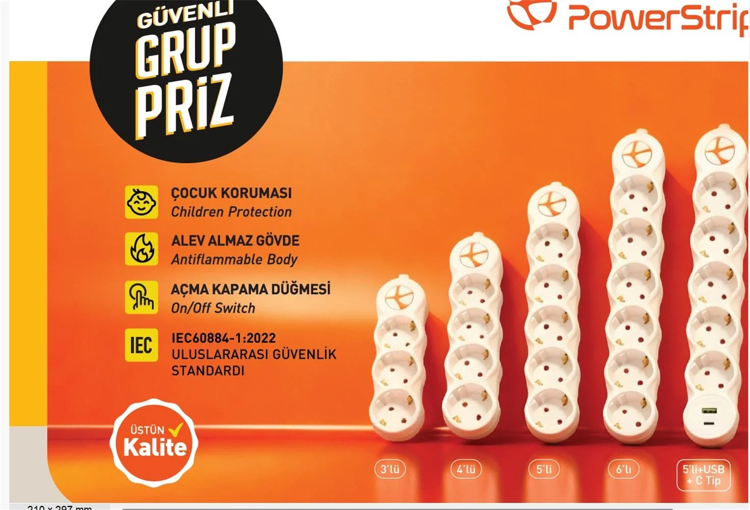TUNCMATIK POWERSTRIP5 TSK19059 1,5m IEC 66884-1:2022 Standartı, FR(Alev Almaz)anahtarlı grup priz