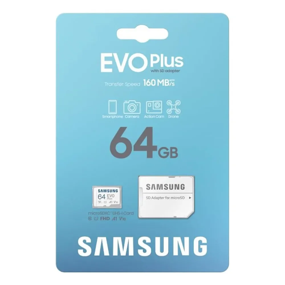 Samsung EVO Plus microSDXC Hafıza Kartı 64 GB, 160 MB/s, U1, V10, A1, ‎MB-MC64SA/TR