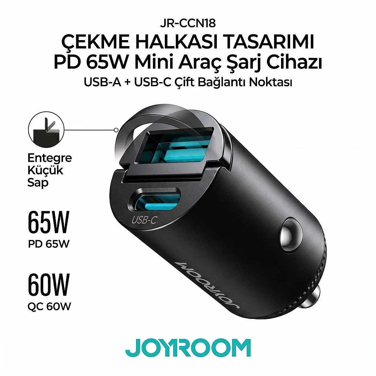 JOYROOM JR-CCN18 MİNİ 65W A+C PULL-RING CAR CHARGER